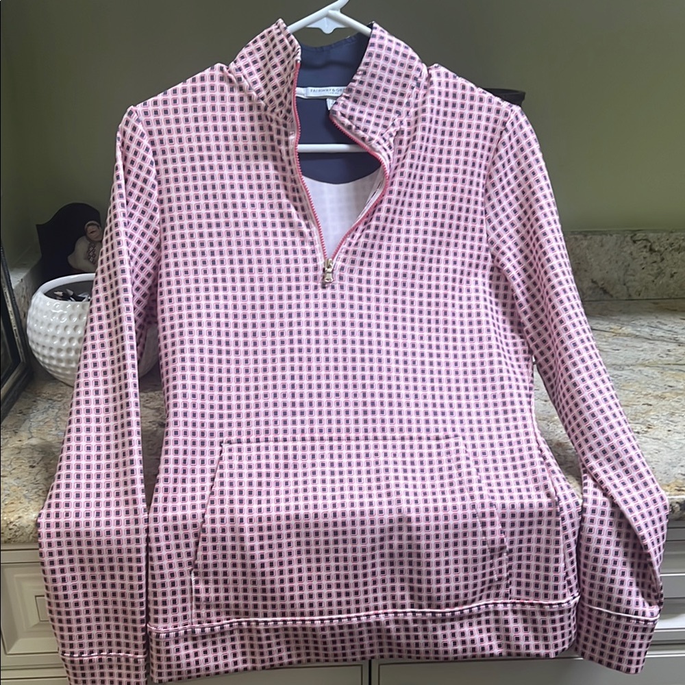 Fairway & Greene Ladies Quarter-Zip Window Pane Pullover in Navy and Red SZ S
